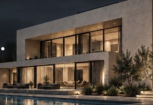Contemporary concrete villa lit from within at dusk